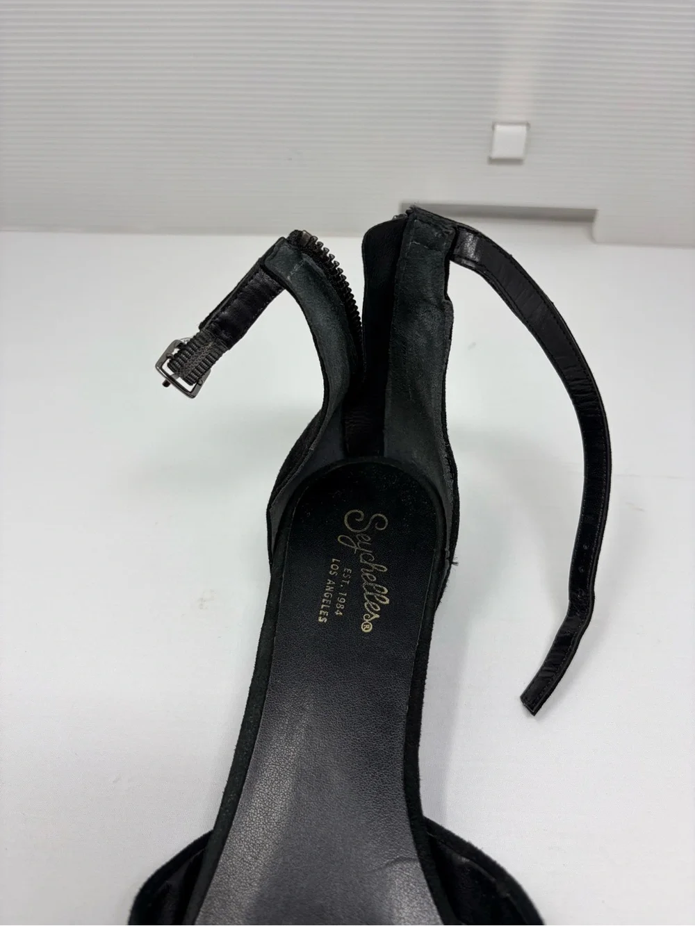 Seychelles Plateau d'Orsay Flats Black Suede Leather 9.5 Ankle Strap Pointy Toe